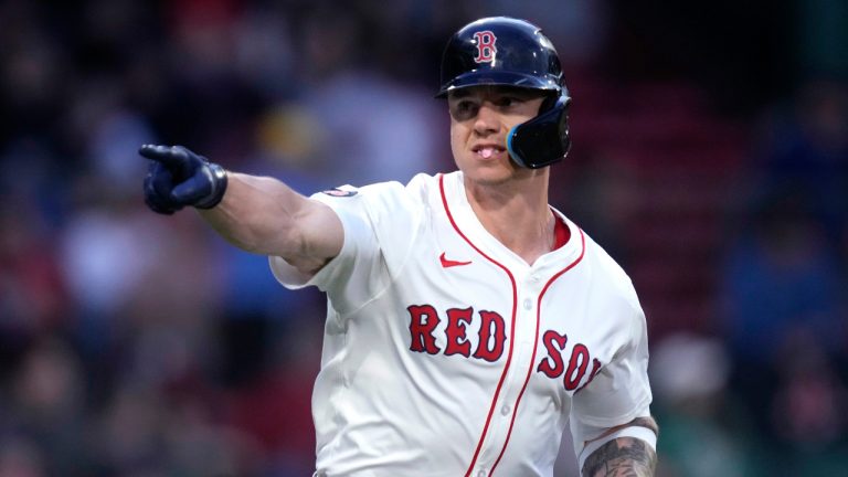 Boston Red Sox's Tyler O'Neill points toward the dugout while celebrating after his three-run home run during the first inning of a baseball game against the Tampa Bay Rays at Fenway Park, Monday, May 13, 2024, in Boston. (Charles Krupa/AP)