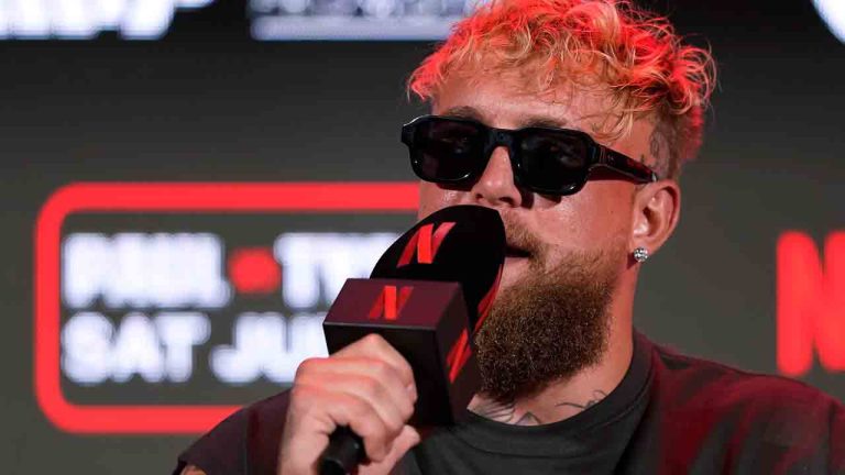 Jake Paul speaks during a news conference held to promote his upcoming boxing bout against Mike Tyson, Thursday, May 16, 2024, in Arlington, Texas. The fight is scheduled for July 20. (Sam Hodde/AP)