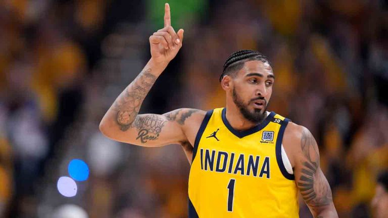Indiana Pacers forward Obi Toppin celebrates after a basket during the first half of Game 6 against the New York Knicks in an NBA basketball second-round playoff series, Friday, May 17, 2024, in Indianapolis. (Michael Conroy/AP)