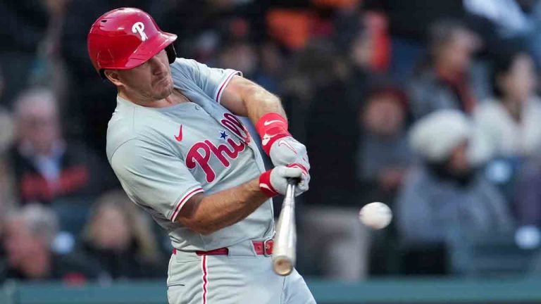 Philadelphia Phillies' J.T. Realmuto hits a double against the San Francisco Giants during the sixth inning of a baseball game Tuesday, May 28, 2024, in San Francisco. (Godofredo A. Vásquez/AP)