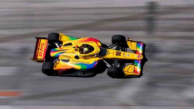 Chip Ganassi Racing driver Álex Palou (10) drives during practice for the IndyCar Detroit Grand Prix auto race in Detroit, Friday, May 31, 2024. (Paul Sancya/AP)