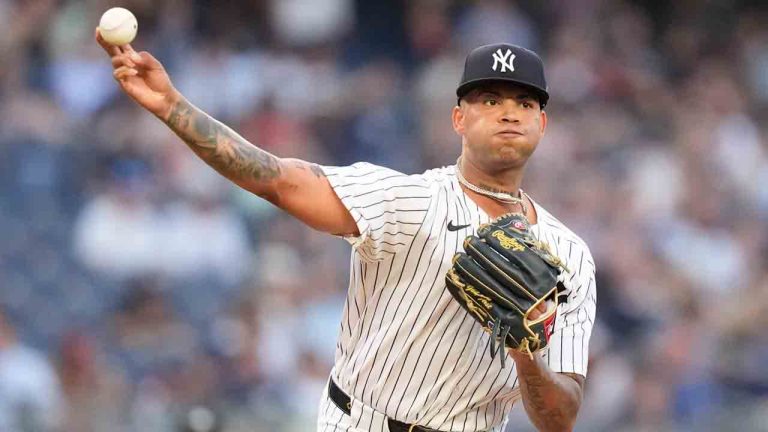 New York Yankees pitcher Luis Gil attempts to pick off Minnesota Twins' Royce Lewis at first base during the first inning of a baseball game, Tuesday, June 4, 2024, in New York. Gil was safe. (Frank Franklin II/AP)