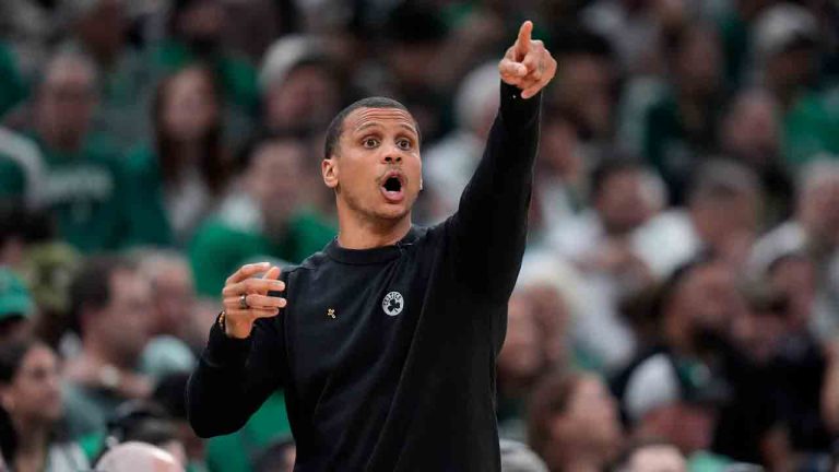 Boston Celtics coach Joe Mazzulla calls to players during the first half of Game 1 of the basketball team's NBA Finals against the Dallas Mavericks, Thursday, June 6, 2024, in Boston. (Charles Krupa/AP)