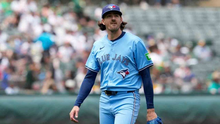 Toronto Blue Jays' Kevin Gausman walks to the dugout after pitching against the Oakland Athletics during the second inning of a baseball game Saturday, June 8, 2024, in Oakland, Calif. (Godofredo A. Vásquez/AP)