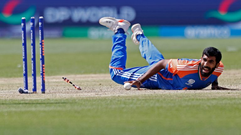India's Jasprit Bumrah reacts after an attempt to run-out Pakistan's Imad Wasim during the ICC Men's T20 World Cup cricket match between India and Pakistan at the Nassau County International Cricket Stadium in Westbury, New York, Sunday, June 9, 2024. (Eduardo Munoz/AP) 