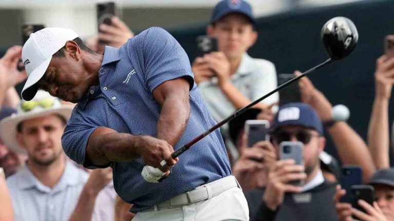 US Open Golf
Tiger Woods hits his tee shot on the 13th hole during a practice round for the U.S. Open golf tournament Monday, June 10, 2024, in Pinehurst, N.C. (Matt York/AP)