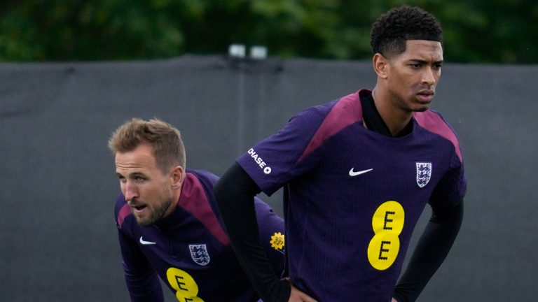 England's Jude Bellingham, right, and Harry Kane practice during a training session in Blankenhain, Germany, Wednesday, June 12, 2024 ahead of their Group C soccer match against Serbia at the Euro 2024 soccer tournament. (Thanassis Stavrakis/AP) 