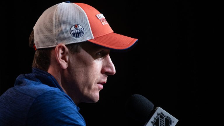 Edmonton Oilers head coach Kris Knoblauch speaks during a press conference before they take on the Florida Panthers in Thursday's game 3 of the NHL Stanley Cup playoffs in Edmonton on Wednesday June 12, 2024. (Jason Franson/CP)