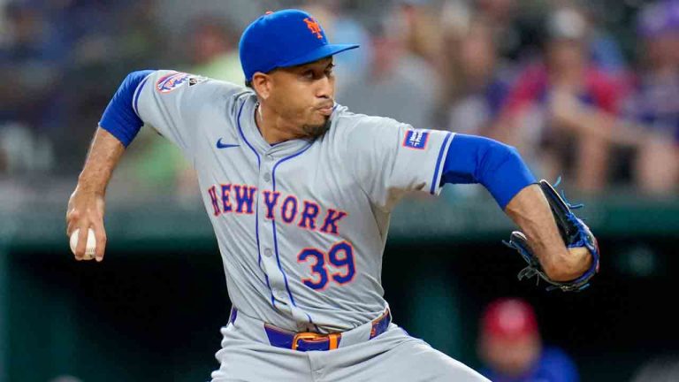 New York Mets pitcher Edwin Díaz throws a pitch to the Texas Rangers during the ninth inning of a baseball game, Tuesday, June 18, 2024, in Arlington, Texas. The Mets won 7-6. (Julio Cortez/AP)