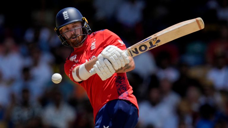 England's Phil Salt plays a shot during the ICC Men's T20 World Cup cricket match between the United States and England at Kensington Oval in Bridgetown, Barbados, Sunday, June 23, 2024. (Ricardo Mazalan/AP) 