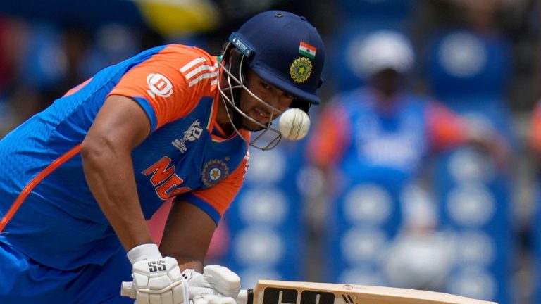 India's Shivam Dube bats against Australia during an ICC Men's T20 World Cup cricket match at Darren Sammy National Cricket Stadium in Gros Islet, Saint Lucia, Monday, June 24, 2024. (Ramon Espinosa/AP) 