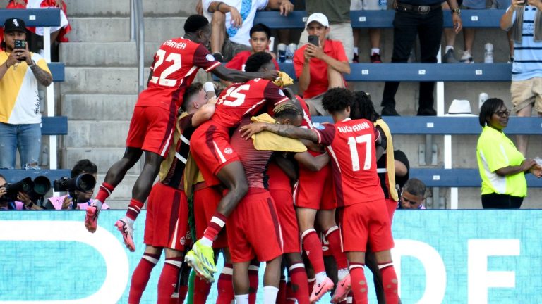 Canada's Jonathan David, not seen, celebrates scoring the opening goal against Peru with teammates during a Copa America Group A soccer match in Kansas City, Kan., Tuesday, June 25, 2024. (AP/Reed Hoffmann)