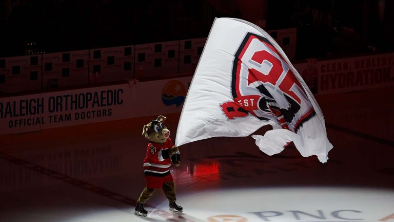 The Carolina Hurricanes mascot Stormy waves the 25th anniversary logo flag prior the the start of the team's NHL hockey game between the Carolina Hurricanes and the Columbus Blue Jackets in Raleigh, N.C., Wednesday, Oct. 12, 2022. (Karl B DeBlaker/AP)