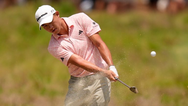 Collin Morikawa hits on the 10th hole during the third round of the U.S. Open - Pinehurst. June 15, 2024 (AP Photo/Mike Stewart)