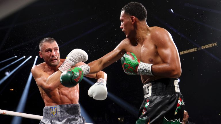 David Benavidez, right, fights Oleksandr Gvozdyk during the WBC interim light heavyweight title boxing bout Saturday, June 15, 2024, in Las Vegas. (Ellen Schmidt/Las Vegas Review-Journal via AP)