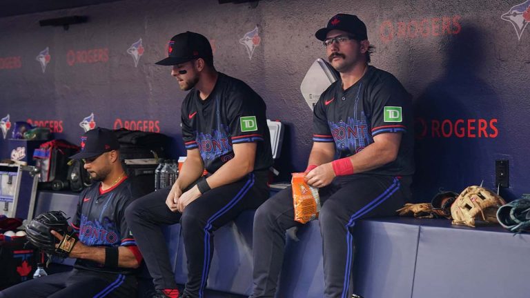 Toronto Blue Jays Davis Schneider sits in the dugout before interleague MLB baseball action against Pittsburgh Pirates in Toronto on Friday, May 31, 2024. (Chris Young/CP)