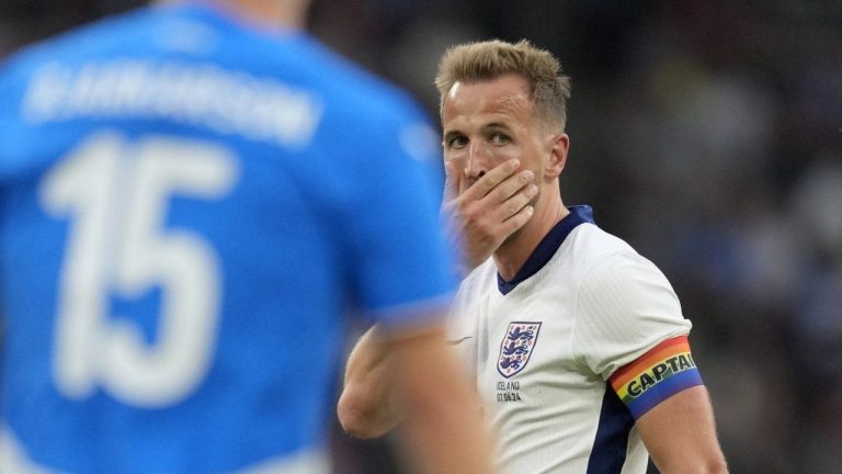 England's Harry Kane reacts during the International friendly soccer match between England and Iceland at Wembley stadium in London, Friday, June 7, 2024. (Kin Cheung/AP Photo)
