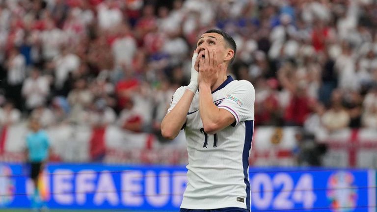 England's Phil Foden reacts after missing a chance to score during a Group C match between Denmark and England at the Euro 2024 soccer tournament in Frankfurt, Germany, Thursday, June 20, 2024. (Thanassis Stavrakis/AP)