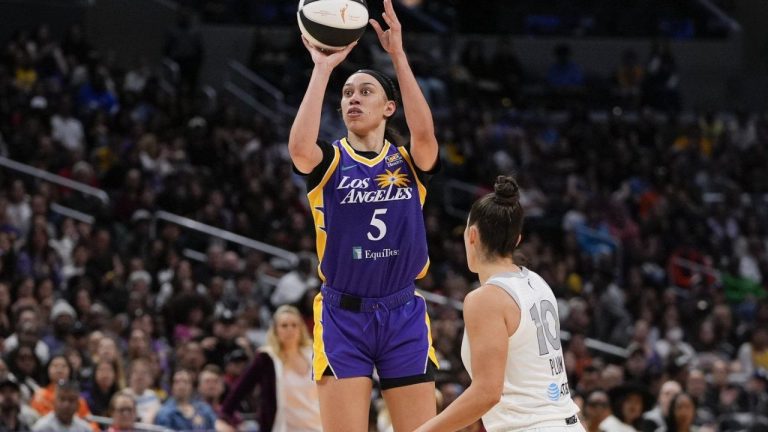 Los Angeles Sparks forward Dearica Hamby shoots against Las Vegas Aces guard Kelsey Plum during the second half of a WNBA basketball game, Sunday, June 9, 2024, in Los Angeles. (Ryan Sun/AP Photo)
