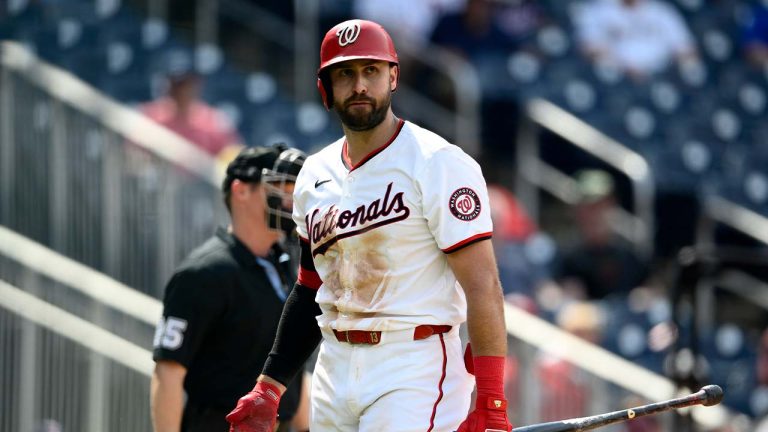 Joey Gallo walks back to the dugout after he struck out during the ninth inning of a baseball game against the Minnesota Twins, Wednesday, May 22, 2024, in Washington. (Nick Wass/AP)