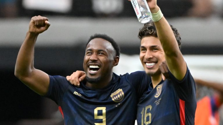 Ecuador's John Yeboah, left, and Jeremy Sarmiento celebrate after beating Jamaica during a Copa America match in Las Vegas, June 26, 2024. (AP Photo/David Becker)