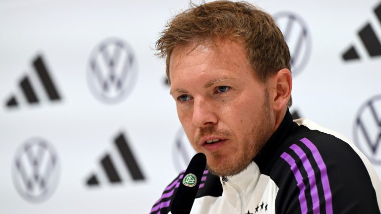 Germany's head coach Julian Nagelsmann attends a press conference of the German national soccer team in Herzogenaurach, Germany, Sunday, June 2, 2024. (Federico Gambarini/dpa via AP)