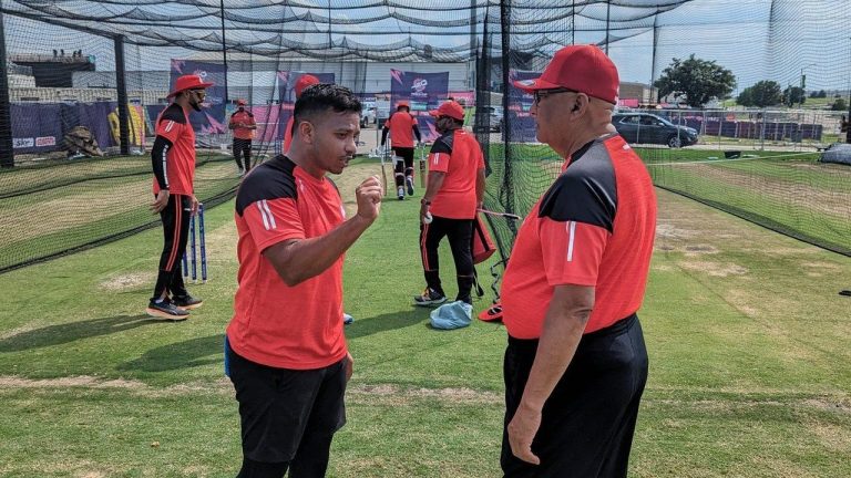Canadian cricketer Junaid Siddiqui (left) is shown at a training session on May 29, 2024. (CP)