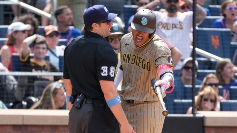 San Diego Padres' Manny Machado yells at home plate umpire Adam Beck before being ejected by him during the sixth inning of a baseball game against the New York Mets. (Pamela Smith/AP)