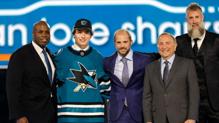 Macklin Celebrini, second from left, poses after being selected by San Jose Sharks during the first round of the NHL hockey draft Friday, June 28, 2024, in Las Vegas. (Steve Marcus/AP)