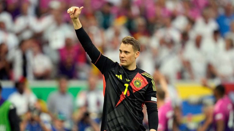 Germany's goalkeeper Manuel Neuer reacts after a Group A match between Germany and Hungary at the Euro 2024 soccer tournament in Stuttgart, Germany, Wednesday, June 19, 2024. (Matthias Schrader/AP)