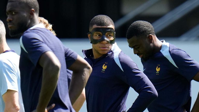 France's Kylian Mbappe looks on during a training session in Paderborn, Germany, Monday, June 24, 2024. France will play against Poland during their Group D soccer match at the Euro 2024 soccer tournament on June 25. (Hassan Ammar/AP)