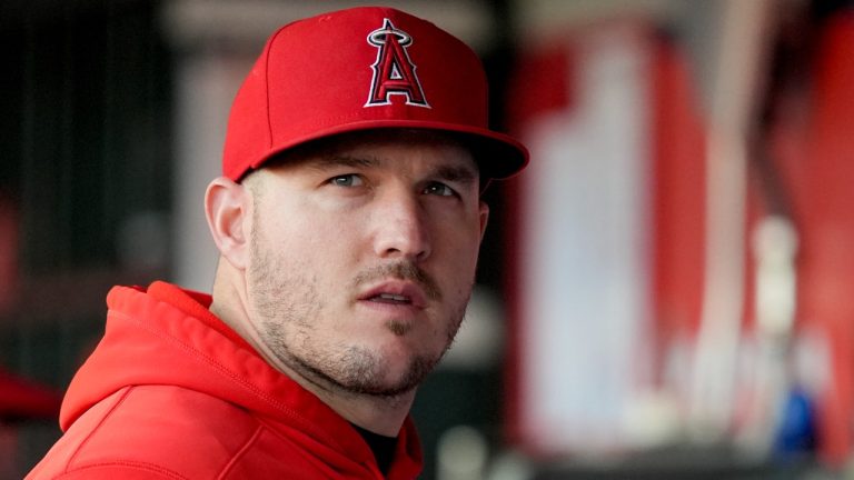 Los Angeles Angels' Mike Trout stands in the dugout before a game against the St. Louis Cardinals, May 13, 2024.(AP Photo/Ryan Sun)
