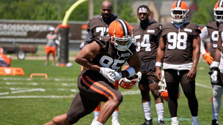 Cleveland Browns defensive end Myles Garrett participates in a drill during an NFL football practice in Berea, Ohio, Wednesday, June 12, 2024. (Sue Ogrocki/AP)