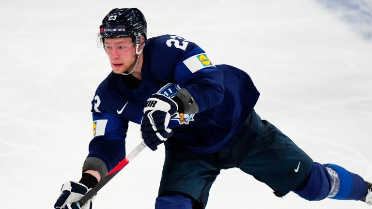 Finland's Nikolas Matinpalo during the world championship in Tampere, Finland, May 23, 2023. (AP Photo/Pavel Golovkin)