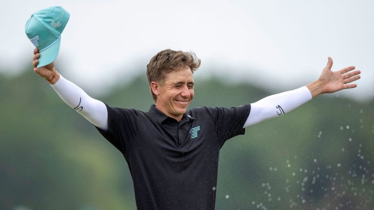 Individual Champion Carlos Ortiz of Torque GC gets sprayed with champagne on the 18th green after the final round of LIV Golf Houston at Golf Club of Houston on Sunday, June 09, 2024 in Humble, Texas. (Katelyn Mulcahy/LIV Golf via AP)