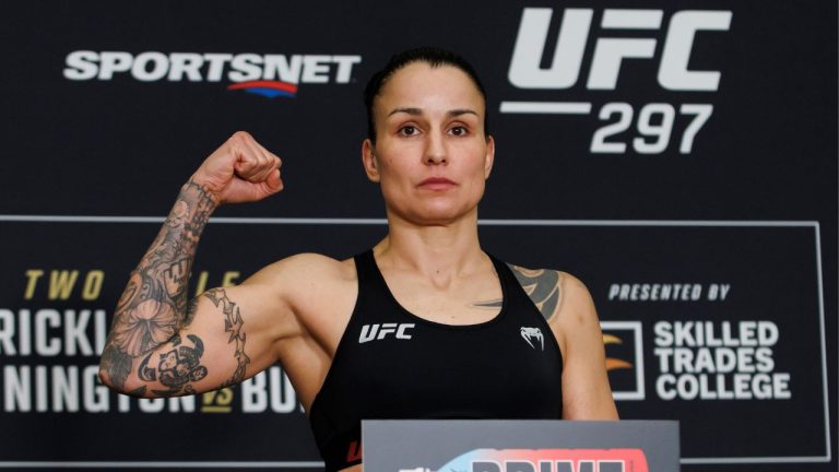 Raquel Pennington weighs in ahead of her UFC Bantamweight title bout in Toronto, Friday, Jan. 19, 2024. (Cole Burston/CP Photo)
