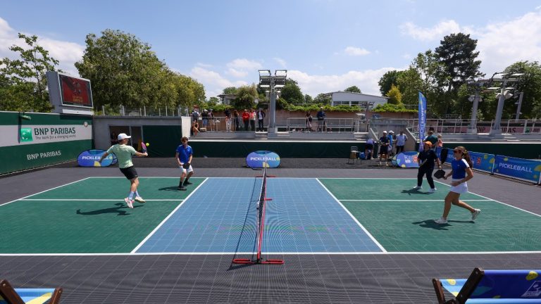 People play pickleball at the French Open tennis tournament at the Roland Garros stadium in Paris, Thursday, June 6, 2024. (AP/Aurelien Morissard)