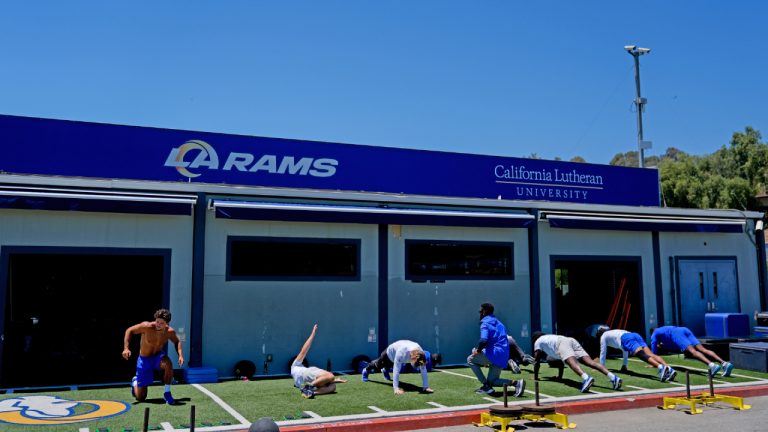 The Los Angeles Rams stretch during an NFL football practice Tuesday, June 11, 2024, in Thousand Oaks, Calif. (Ryan Sun/AP)