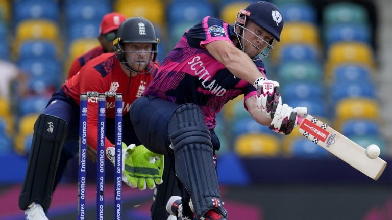 Scotland's George Munsey plays a shot from a delivery of England's Moeen Ali during an ICC Men's T20 World Cup cricket match at Kensington Oval in Bridgetown, Barbados, Tuesday, June 4, 2024. (Ricardo Mazalan/AP)
