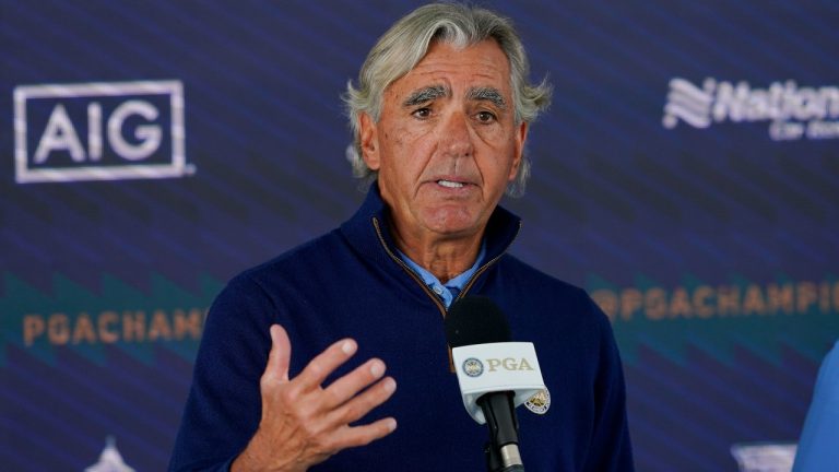 PGA of America CEO, Seth Waugh speaks during a news conference at the PGA Championship golf tournament, Tuesday, May 17, 2022, in Tulsa, Okla. (AP Photo/Matt York)