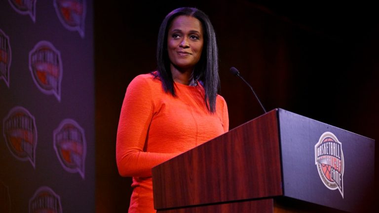 Basketball Hall of Fame Class of 2022 inductee Swin Cash speaks at a news conference at Mohegan Sun, Friday, Sept. 9, 2022, in Uncasville, Conn. (AP Photo/Jessica Hill)