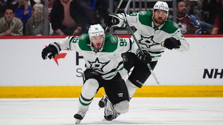 Dallas Stars centre Matt Duchene, front, reacts after scoring the winning goal as defenceman Chris Tanev follows in the second overtime of Game 6 of an NHL hockey playoff series against the Colorado Avalanche Friday, May 17, 2024, in Denver. (David Zalubowski/AP)