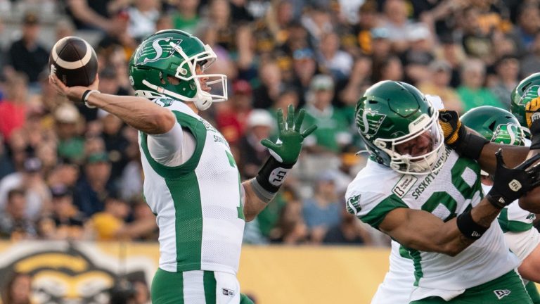 Saskatchewan Roughriders quarterback Trevor Harris during a game against the Hamilton Tiger Cats, June 16, 2024. (The Canadian Press/Peter Power)