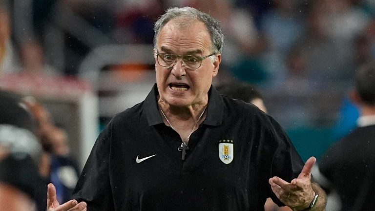 Uruguay's coach Marcelo Bielsa reacts during a Copa America Group C soccer match against Panama in Miami Gardens, Fla, Sunday, June 23, 2024. (Marta Lavandier/AP)