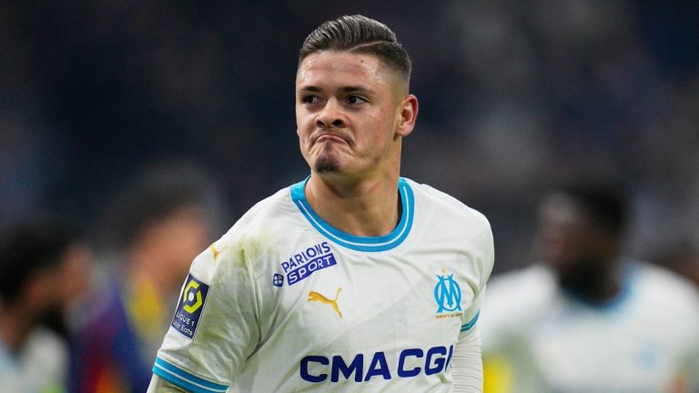 Marseille's Vitor Oliveira Vitinha celebrates after scoring a goal that was later disallowed during a match between Olympique de Marseille and Lyon, Dec. 6, 2023. (AP Photo/Daniel Cole, File)