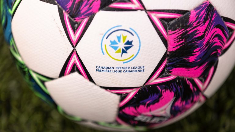 The Canadian Premier League logo is seen on a game ball at Tim Hortons Field in Hamilton, Ont., Tuesday, May 9, 2023. (Nick Iwanyshyn/CP)