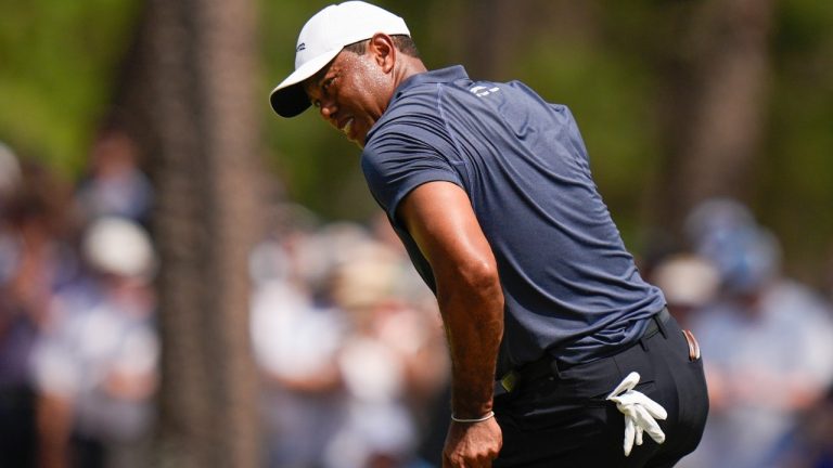Tiger Woods reacts after missing a putt on the seventh hole during the second round of the U.S. Open golf tournament Friday, June 14, 2024, in Pinehurst, N.C. (Frank Franklin II/AP)