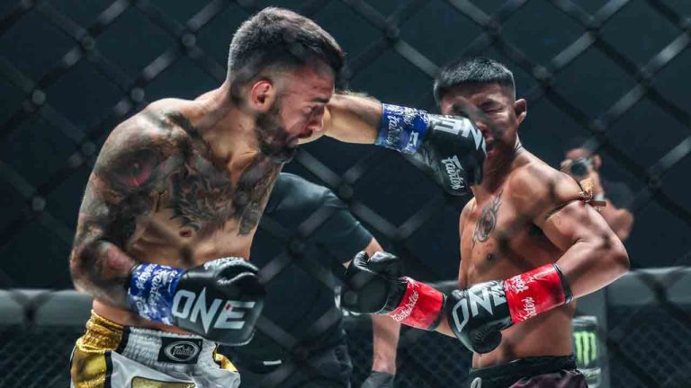 Canadian kickboxer Denis (The Bosnian Menace) Puric (left) launches a punch at Thai star Rodtang (The Iron Man) Jitmuangnon in a co-main event of "One 167: Tawanchai vs. Nattawut II" at Impact Arena in Bangkok on Friday June 7, 2024. Rodtang won the One Championship bout by decision. THE CANADIAN PRESS/HO-One Championship