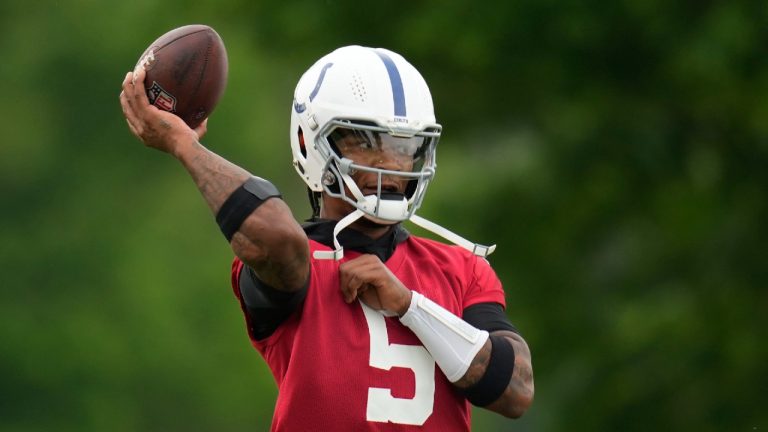 Indianapolis Colts quarterback Anthony Richardson throws during NFL football practice at the team's headquarters Wednesday, June 5, 2024, in Indianapolis. (Darron Cummings/AP)