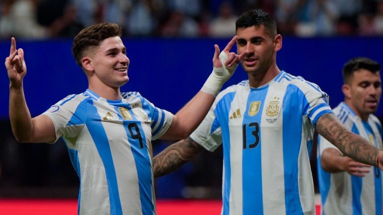 Argentina's Julian Alvarez celebrates scoring the opening goal against Canada during a Copa America Group A soccer match in Atlanta, Thursday, June 20, 2024. (Mike Stewart/AP Photo)